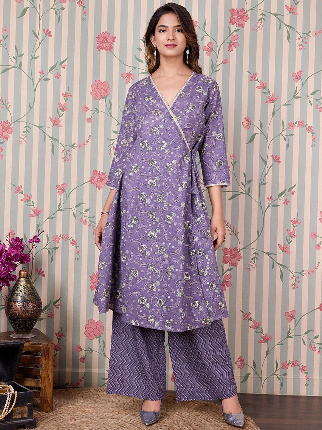 Ode by House of Pataudi Floral Printed Angrakha Gotta Patti Pure Cotton Kurta Set - Distacart