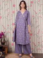 Thumbnail for Ode by House of Pataudi Floral Printed Angrakha Gotta Patti Pure Cotton Kurta Set - Distacart