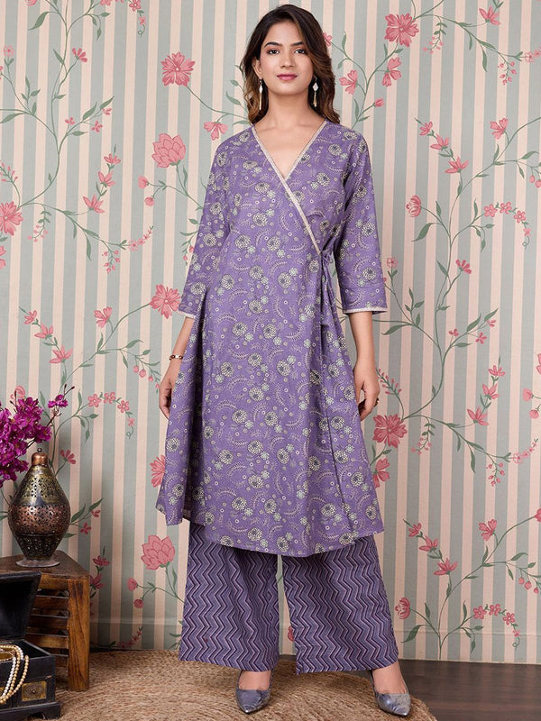 Ode by House of Pataudi Floral Printed Angrakha Gotta Patti Pure Cotton Kurta Set - Distacart