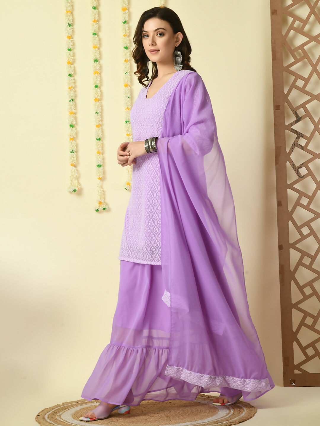 Myshka Women's Purple Georgette Kurti & Skirt With Dupatta Party Sets - Distacart