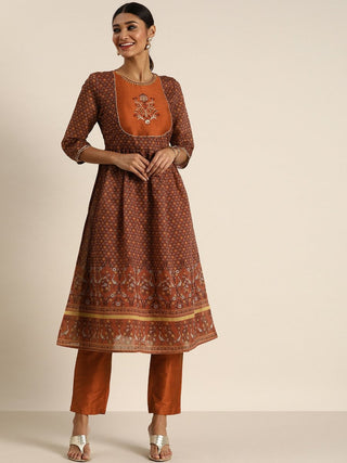 All About You Women Rust Floral Printed Empire Kurta with Trousers - Distacart