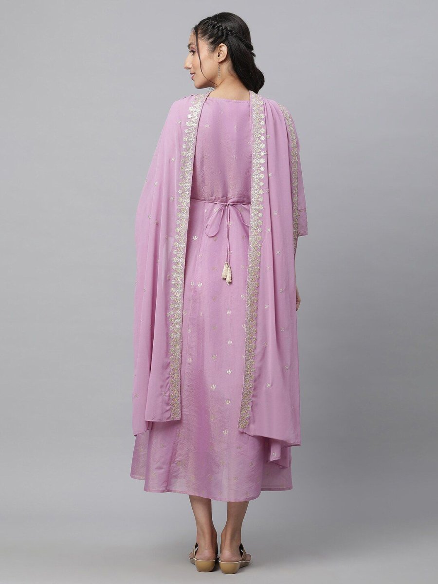AURELIA Purple Ethnic motifs Self Design Embroidered Fit & Flare Ethnic Dress With Dupatta