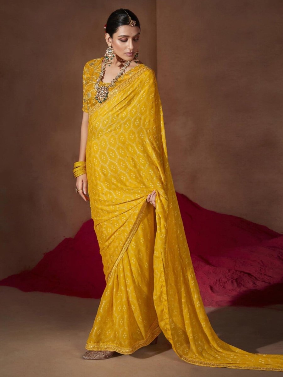 Anouk Yellow & White Bandhani Printed Sequined Pure Chiffon Bandhani Saree - Distacart