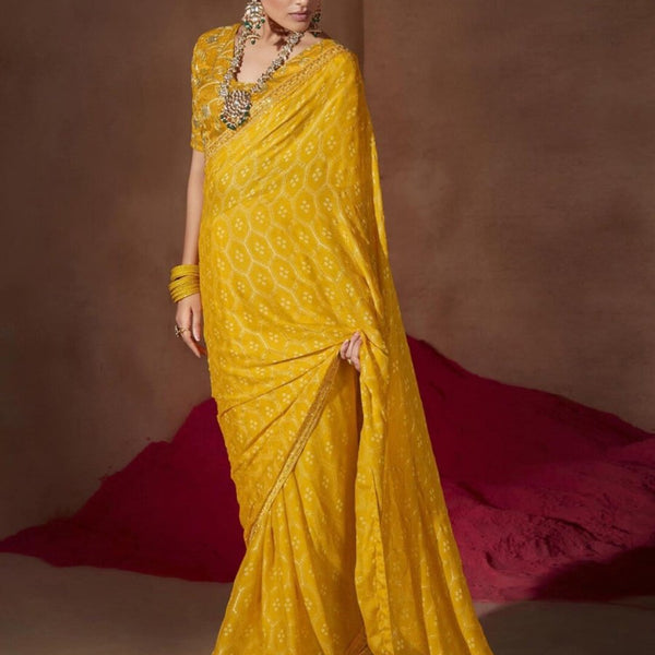 Anouk Yellow & White Bandhani Printed Sequined Pure Chiffon Bandhani Saree - Distacart