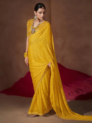 Anouk Yellow & White Bandhani Printed Sequined Pure Chiffon Bandhani Saree - Distacart