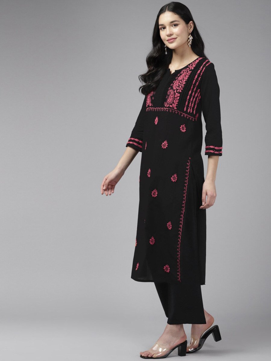 ADA Ethnic Motifs Embroidered Round Neck Chikankari Cotton Kurta - Distacart