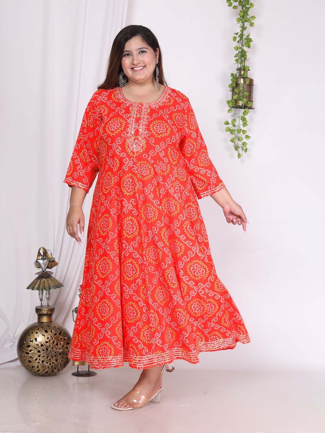 Swasti Plus Size Bandhani Printed Embroidered Maxi Gown