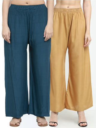TAG 7 Women Pack of 2 Blue & Beige Solid Wide-Leg Palazzos