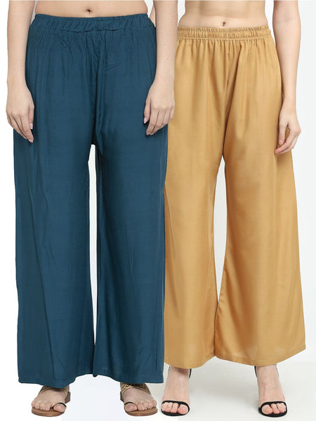 TAG 7 Women Pack of 2 Blue & Beige Solid Wide-Leg Palazzos