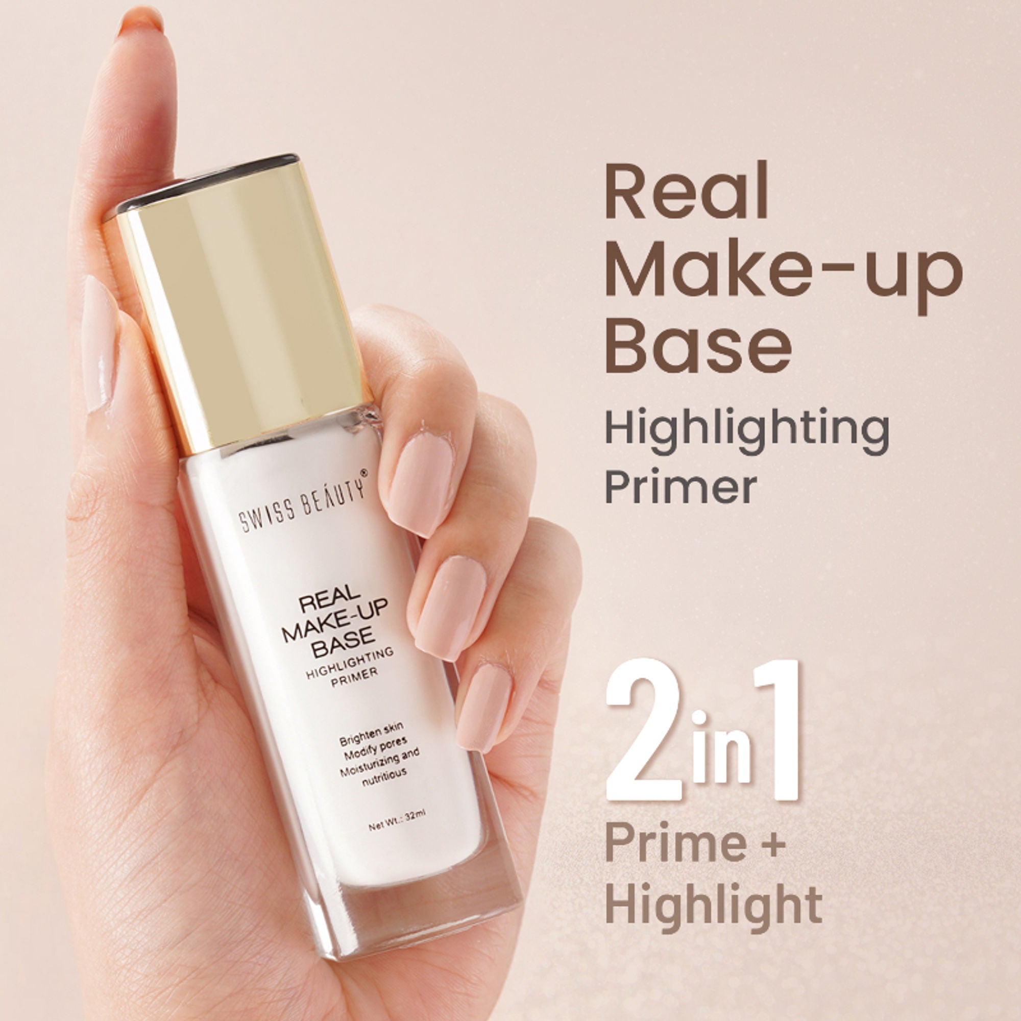Swiss Beauty Real Make-Up Base Highlighting Primer , Brighten Skin , Modify Pore - 02 Golden Tint - Distacart