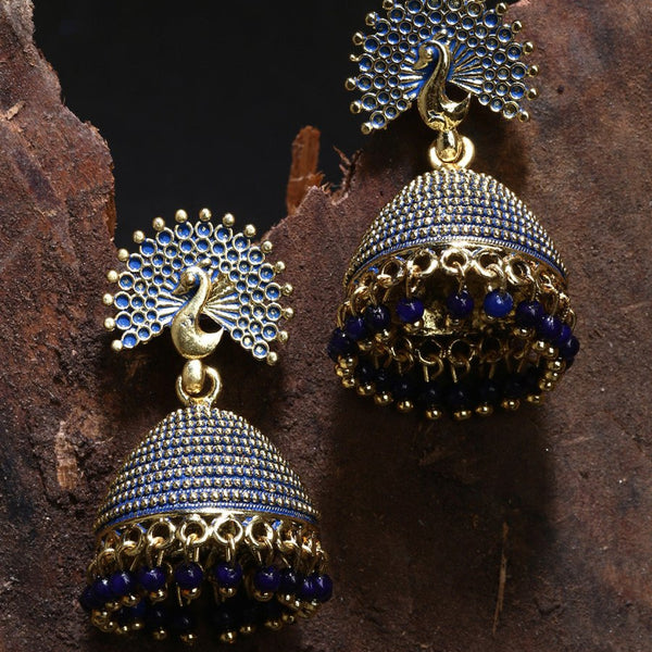 Anikas Creation Gold Plated & Blue Enamelled Peacock Shaped Jhumkas - Distacart