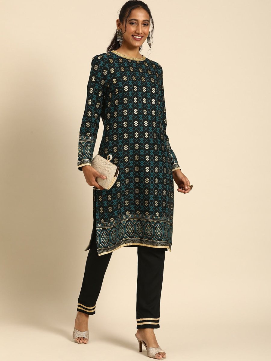 All About You Women Black & Gold-Toned Floral Printed Regular Kurta with Trousers - Distacart