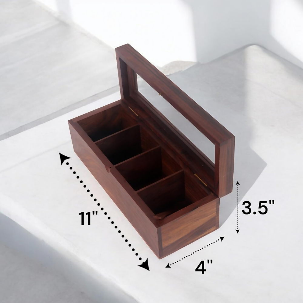 Creation India Craft Wooden Spice Box with 4 Large Partitions & Spoon, Spice Container - Dista