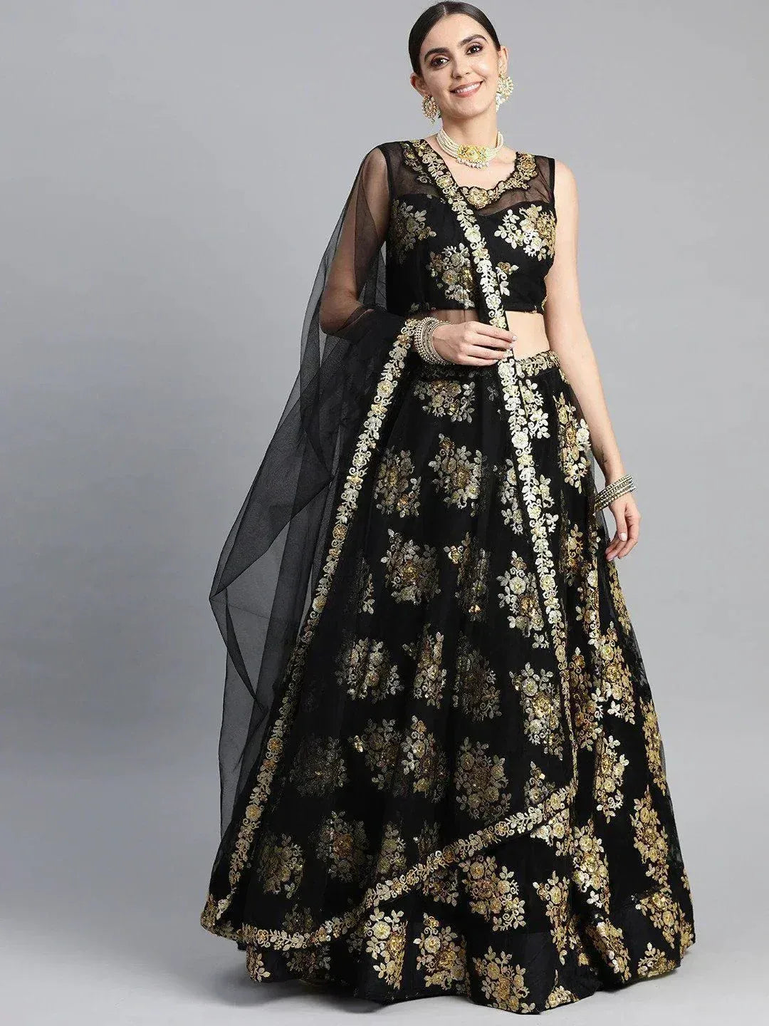 Tulsi Art Black & Golden Sequinned Semi-Stitched Myntra Lehenga & Blouse With Dupatta - Dista