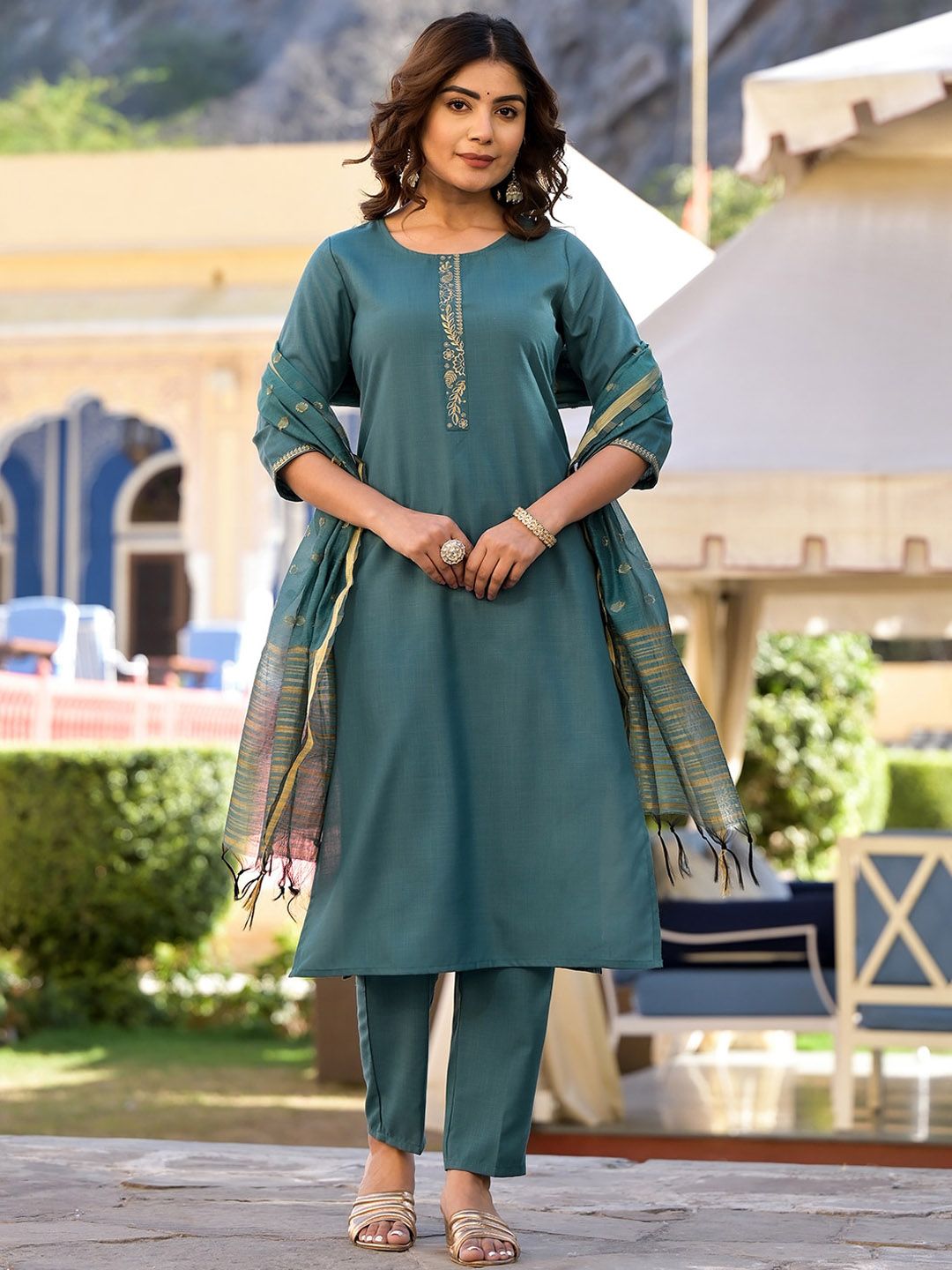 Vishudh Turquoise Blue Floral Yoke Design Straight Kurta & Trousers With Dupatta - Distacart