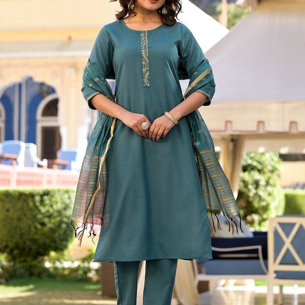 Vishudh Turquoise Blue Floral Yoke Design Straight Kurta & Trousers With Dupatta - Distacart