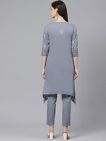 Thumbnail for ADA Women Grey & White Chikankari Embroidered Sustainable Handloom Kurta with Trousers - Distacart