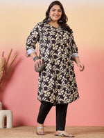 Thumbnail for Sztori Plus Size Floral Printed Shirt Collar Roll-Up Sleeves Crepe Pathani Kurta