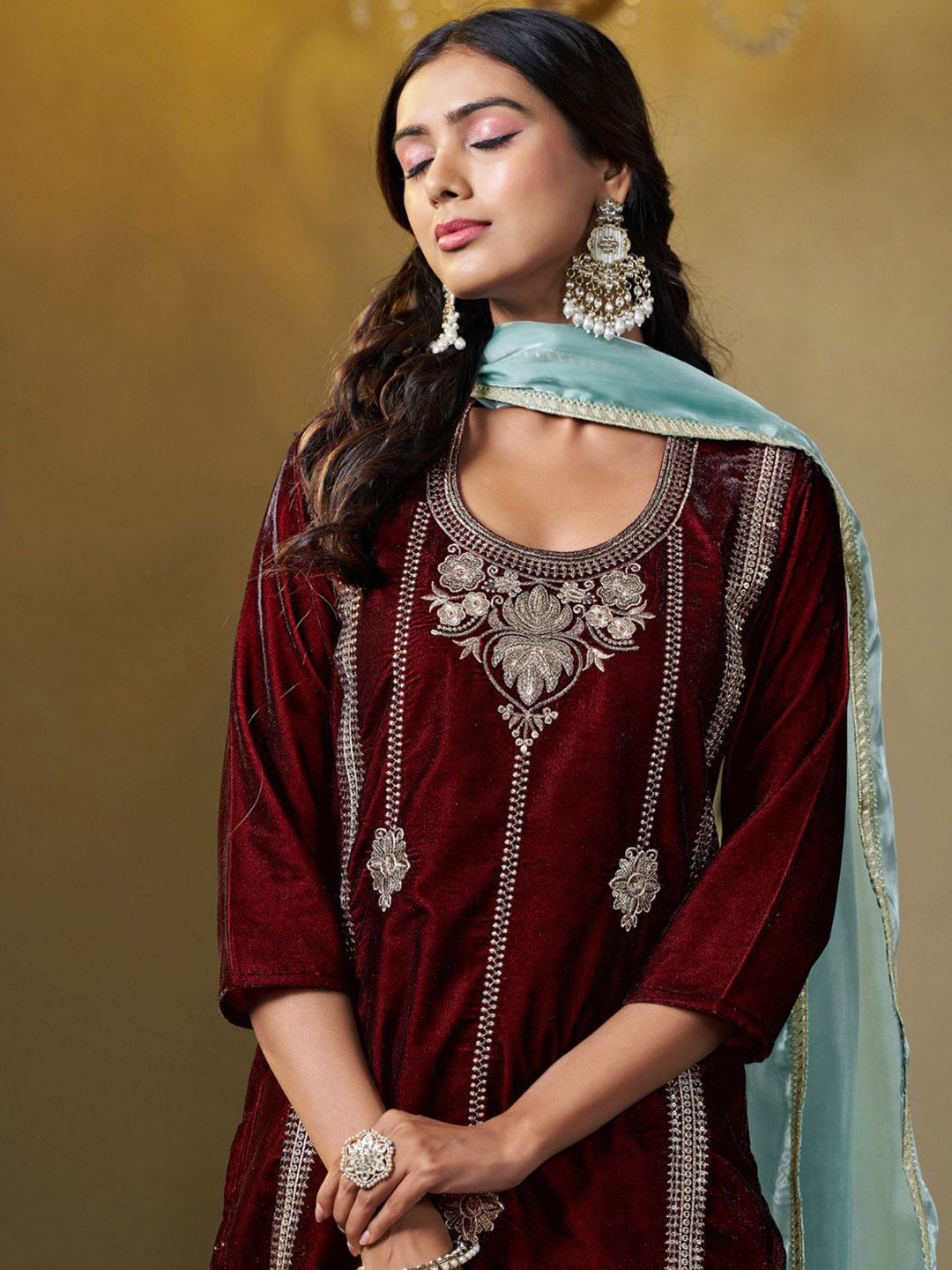 Sangria Floral Embroidered Round Neck Straight Velvet Kurta With Trousers & Dupatta - Distacart