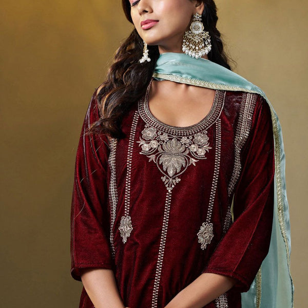 Sangria Floral Embroidered Round Neck Straight Velvet Kurta With Trousers & Dupatta - Distacart