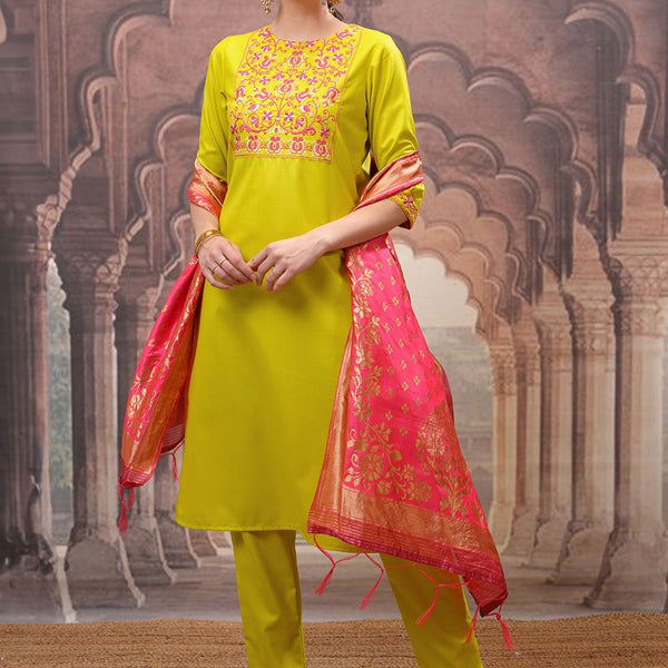 Vishudh Green Embroidered Straight Kurta with Trouser & Dupatta - Distacart