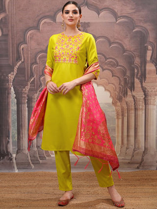 Vishudh Green Embroidered Straight Kurta with Trouser & Dupatta - Distacart