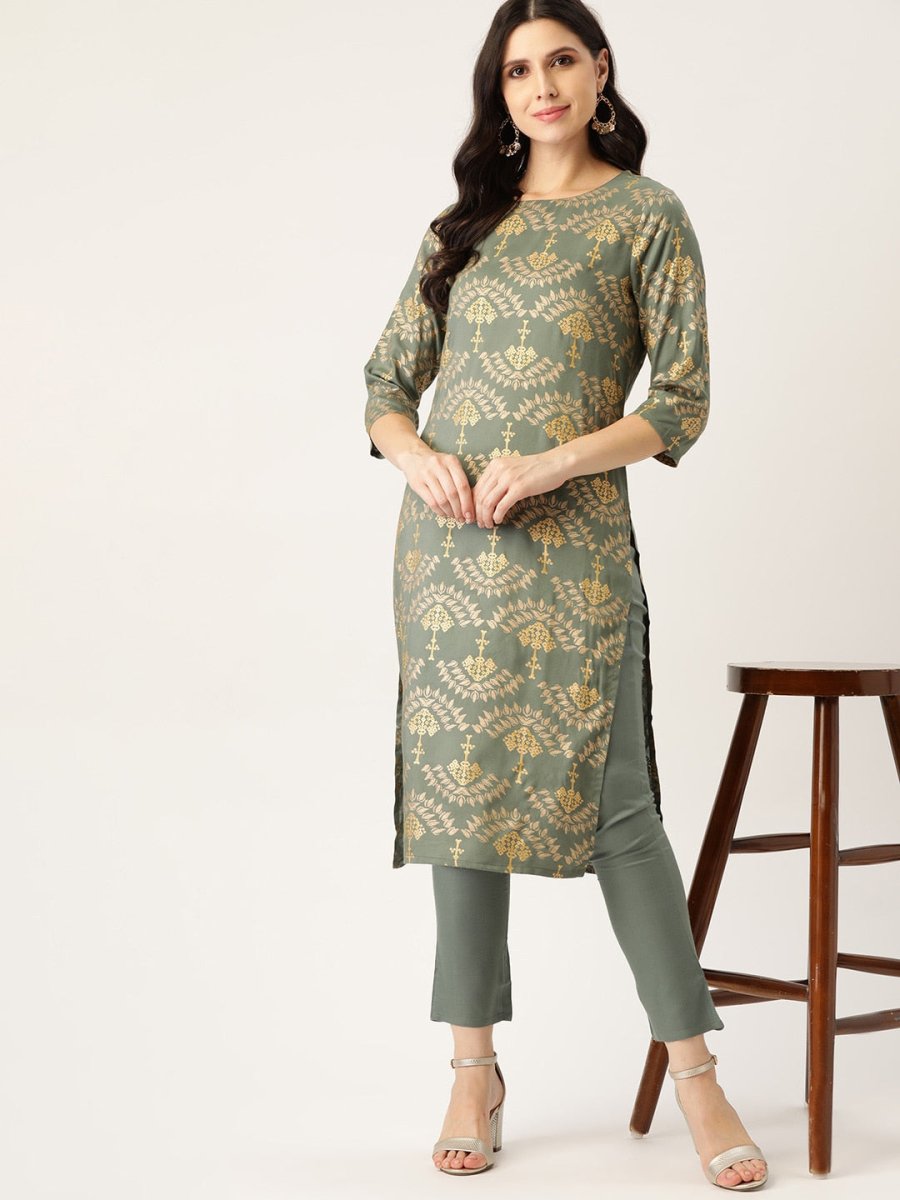 All About You Women Grey & Golden Ethnic Motifs Print Kurta with Trousers - Distacart