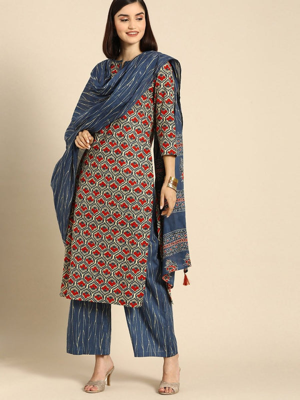 Anouk Women Blue Ethnic Motifs Printed Regular Pure Cotton Kurta With Palazzos & Dupatta - Distacart