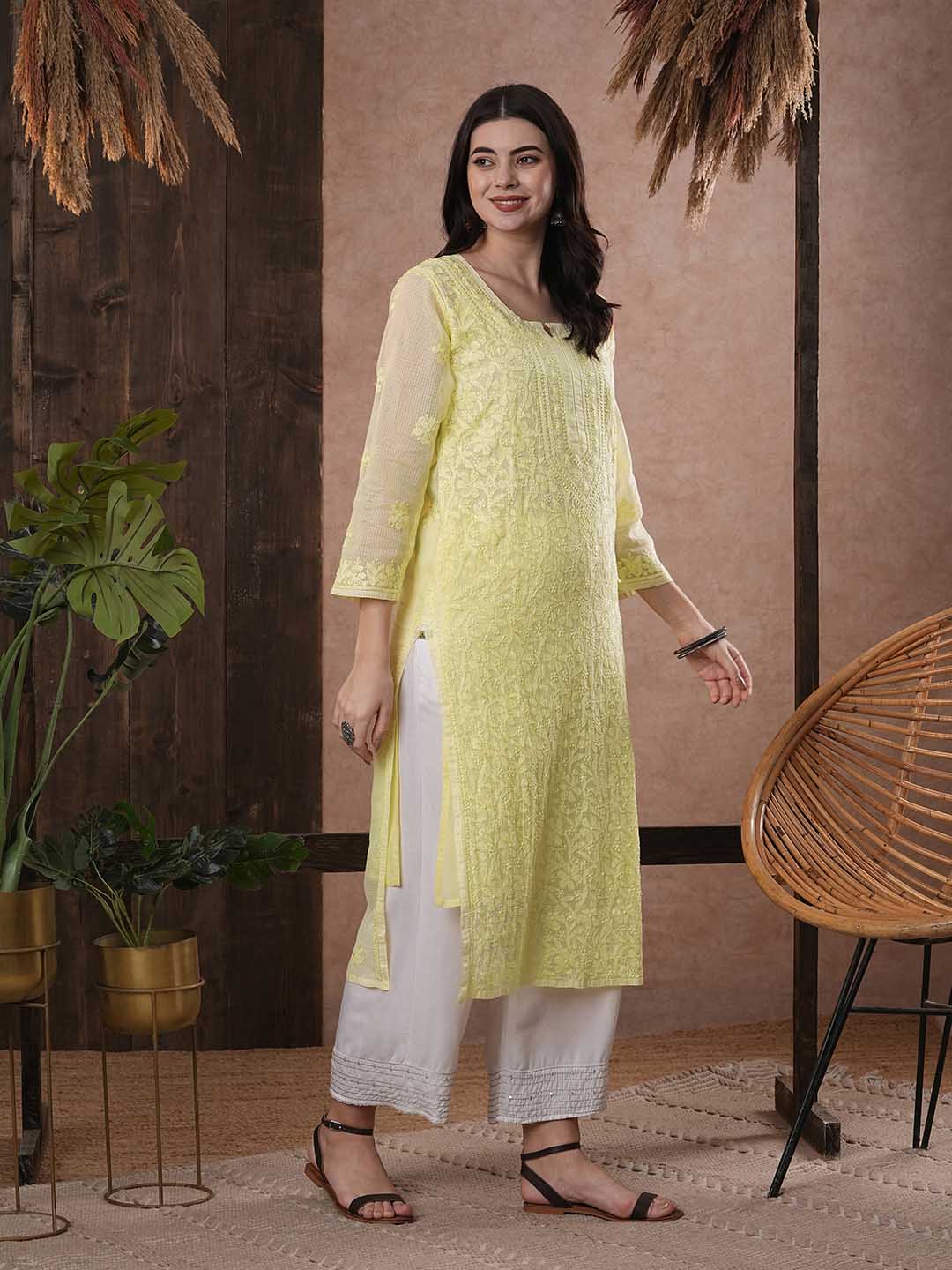 ADA Women Yellow & White Hand Embroidered Chikankari Sustainable Kota Handloom Kurta With Matching Slip - Distacart