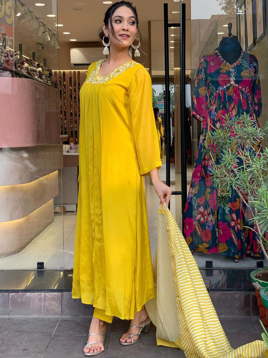 Kalini Embroidered Silk Chiffon Kurta With Trousers & Dupatta - Distacart