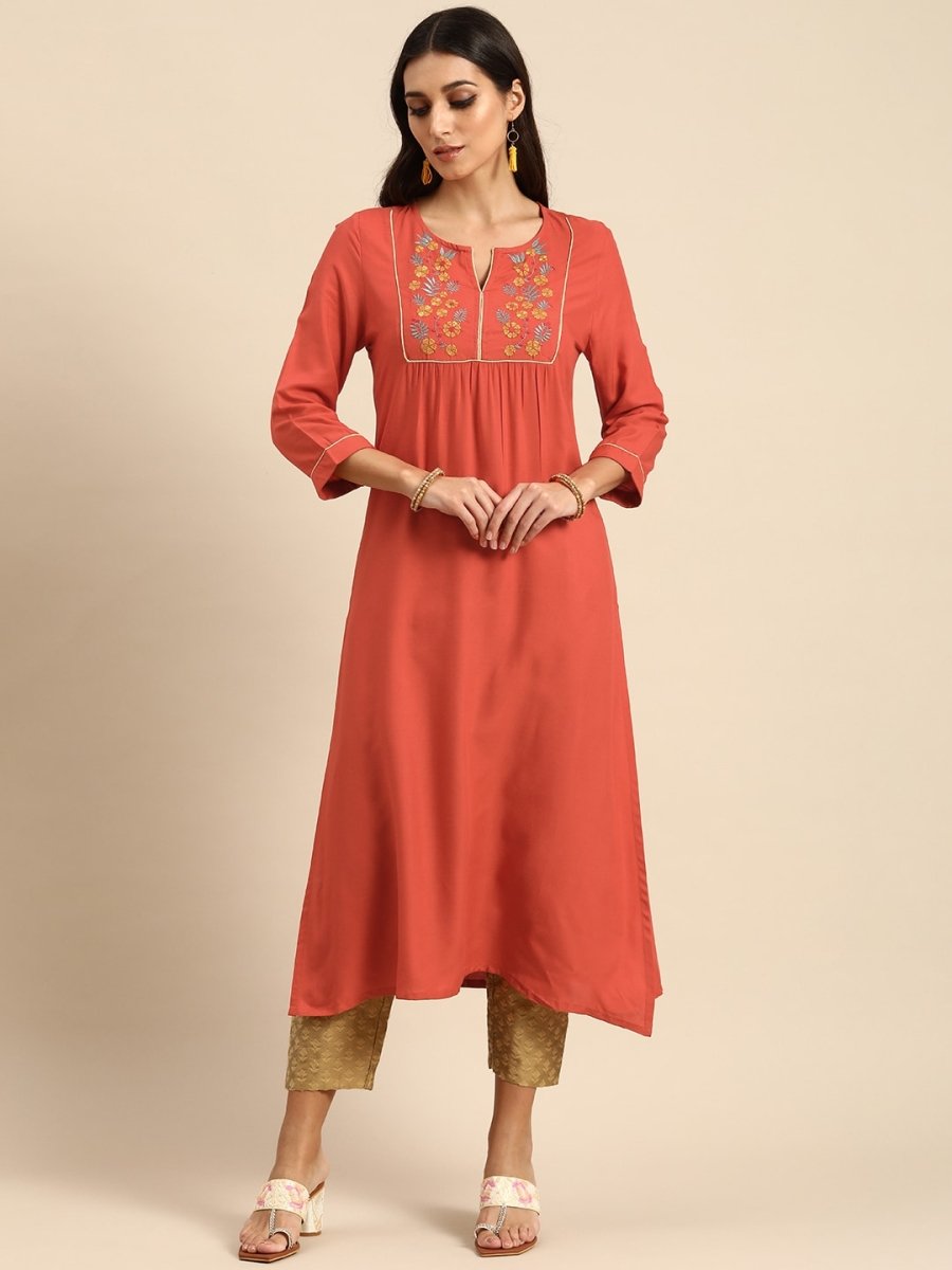 All About You Women Rust Orange Floral Yoke Design Embroidered Thread Work Straight Kurta - Distacart