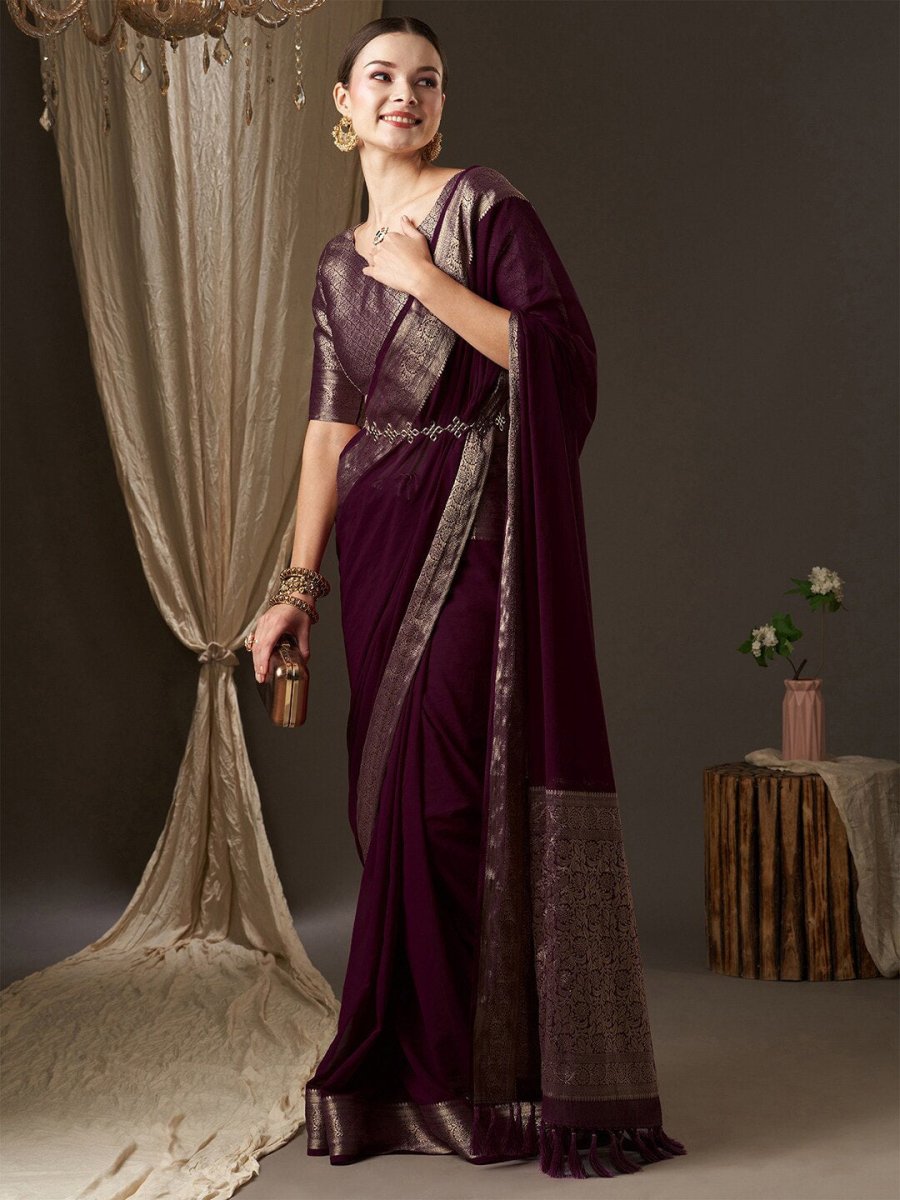 Anouk Purple & Gold-Toned Zari Pure Georgette Kanjeevaram Saree - Distacart