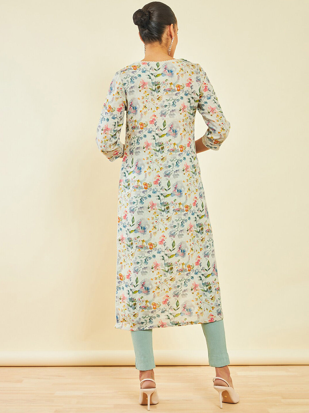 Soch Floral Printed Linen Straight Kurta - Distacart