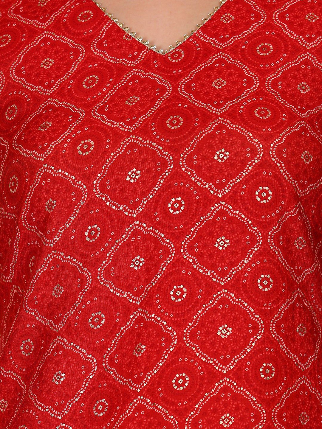 Ode by House of Pataudi Bandhani Printed V-Neck Gotta Patti Straight Kurta with Trousers - Distacart