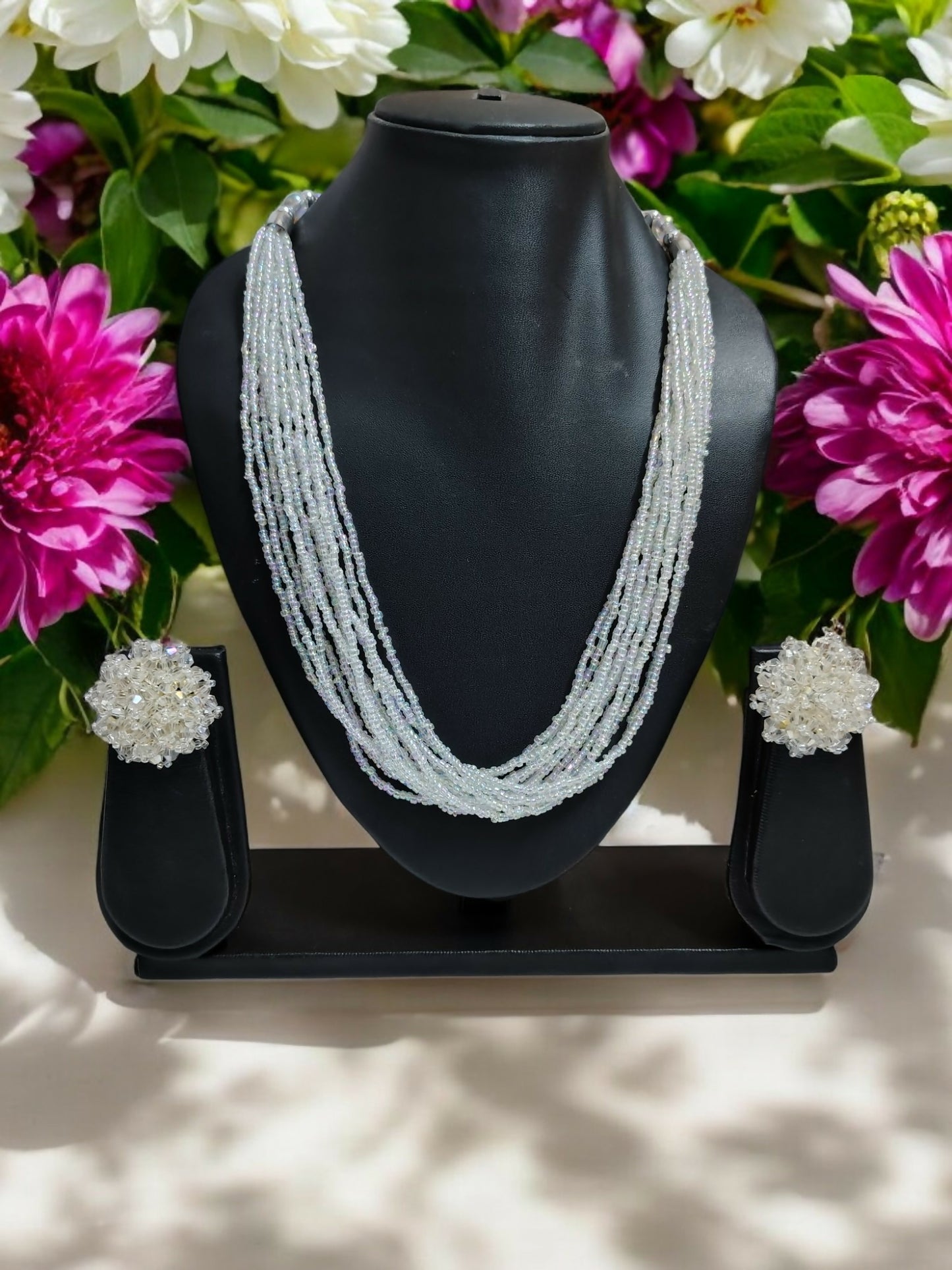Inhanns Bloom Handmade Beaded Necklace With Earrings - 12 Layers - Ivory - Distacart