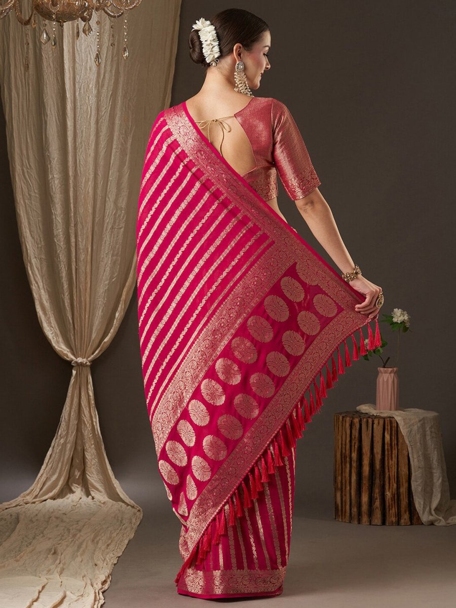 Anouk Pink & Gold-Toned Woven Design Zari Pure Georgette Kanjeevaram Saree - Distacart