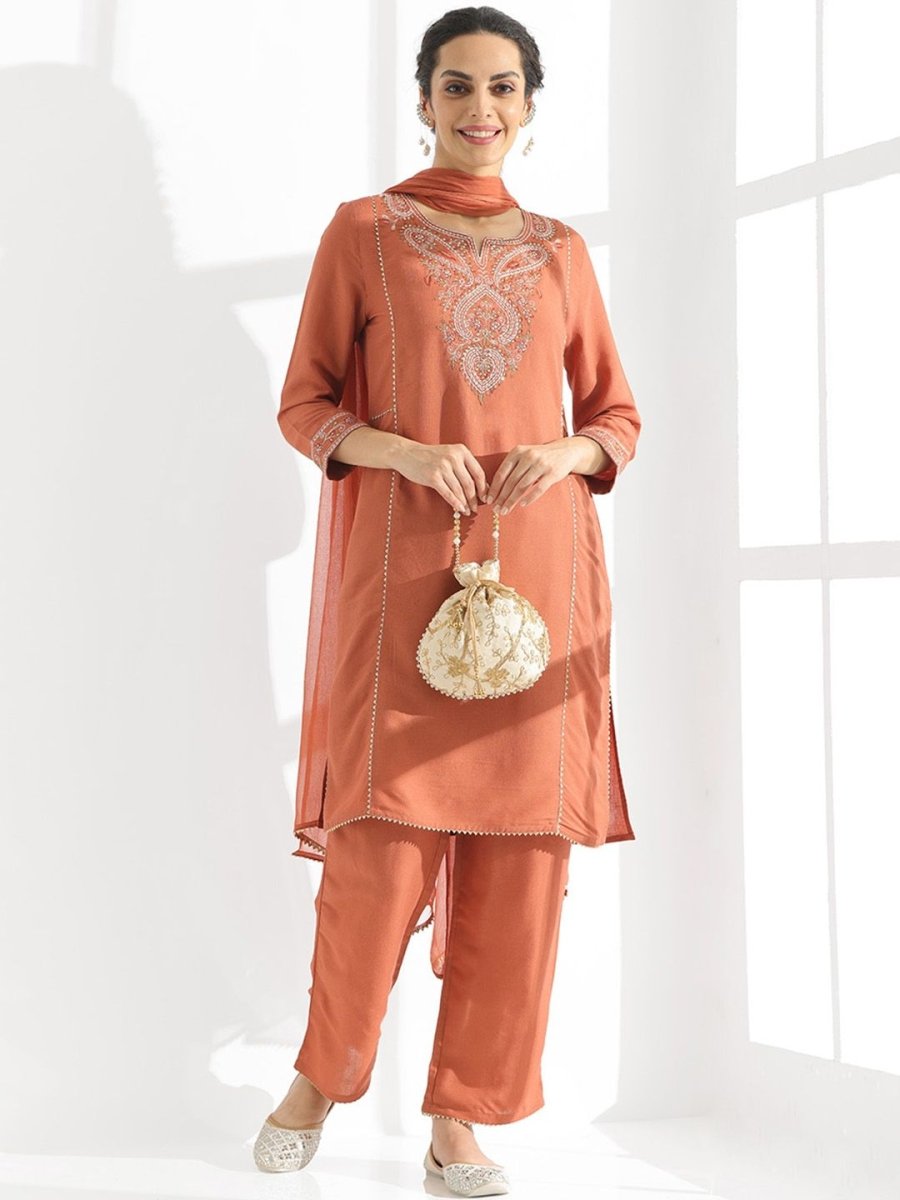 Anouk Floral Embroidered Regular Thread Work Kurta With Trousers & Dupatta - Distacart