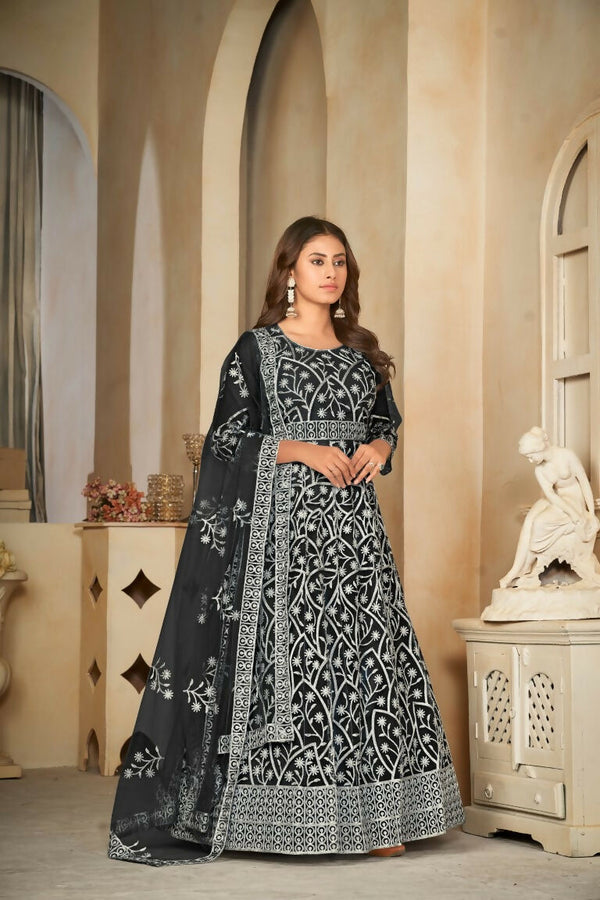 Jyoti Fashion Women's Black Net Embroidered Anarkali Kurta Pant Set With Dupatta - Distacart