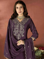 Thumbnail for The52 Wine Women's Gorgeous Vichitra Fabric Embroidered Work Straight Kurta Pant and Dupatta Set - Distacart
