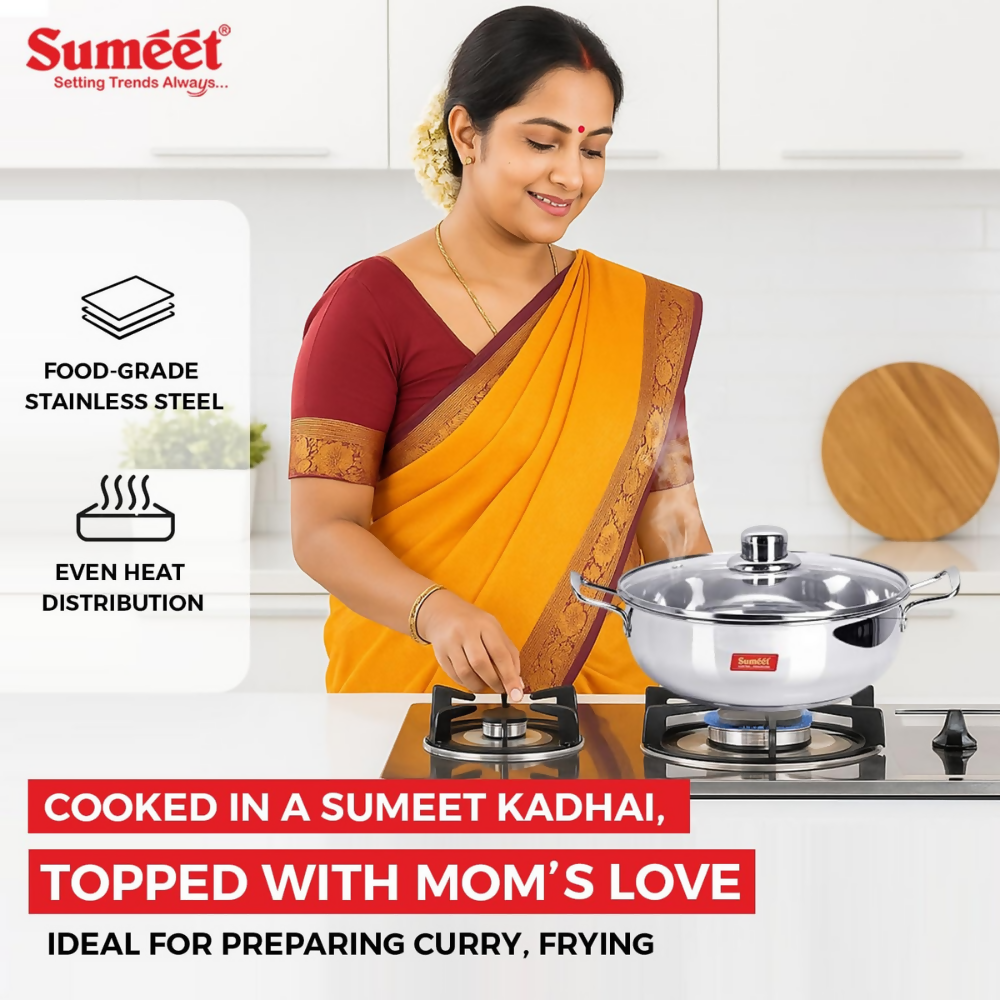 Sumeet Stainless Steel Induction Bottom Kadhai with Glass Lid - Dista