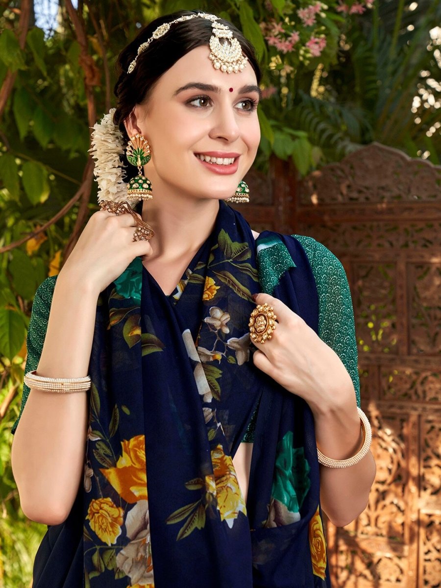 Anouk Navy Blue & Brown Floral Printed Saree - Distacart
