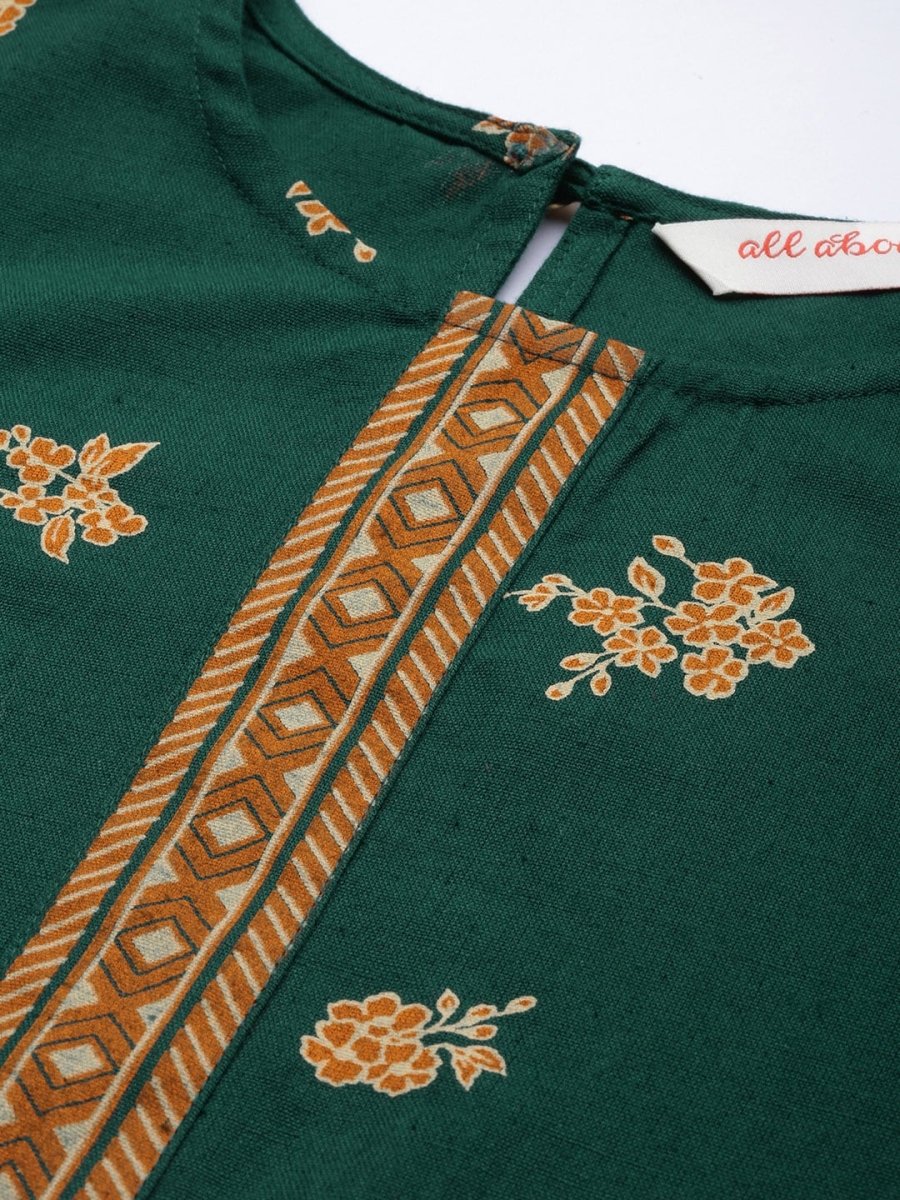All About You Women Green & Brown Floral Printed Regular Pure Cotton Kurta with Trousers - Distacart