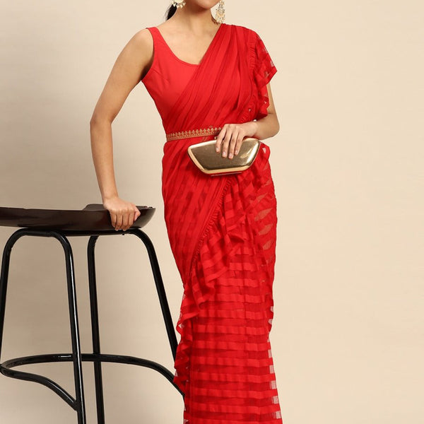 Ahalyaa Striped Net Ready To Wear Saree - Distacart