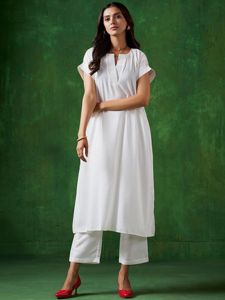 Sangria White Extended Sleeves A-Line Kurta With Trouser