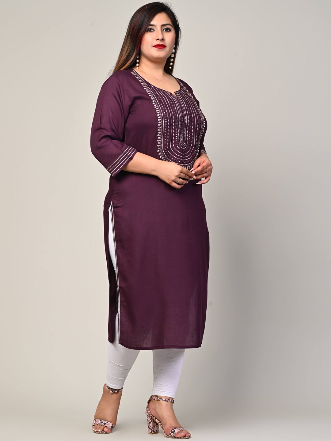 Swasti Women Purple Flared Sleeves Thread Work Floral Kurta