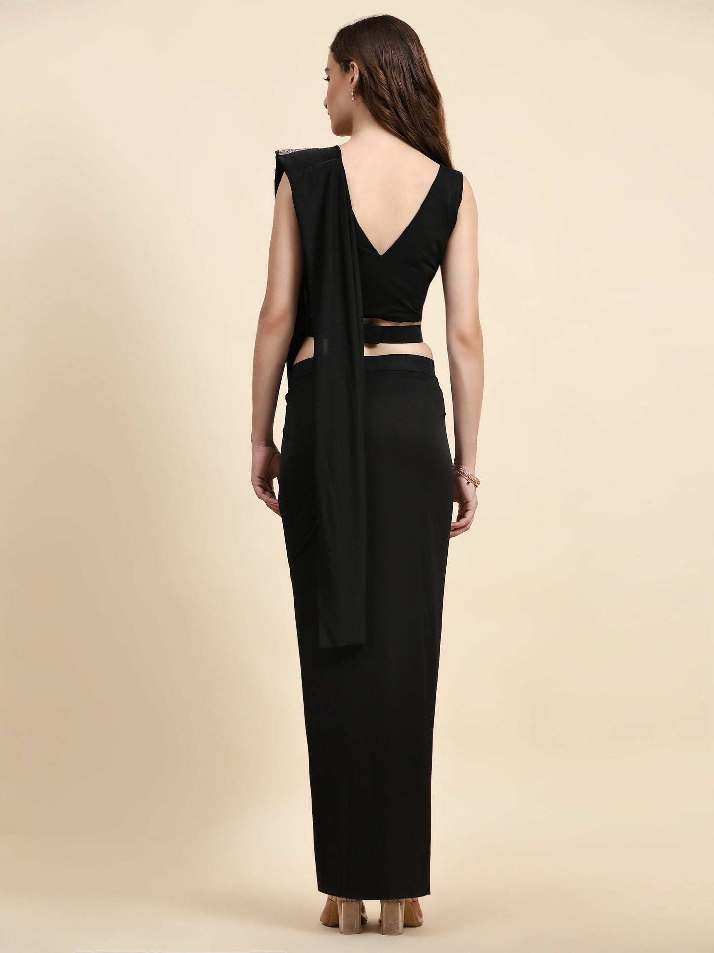 Black Polyester Solid Ready to Wear Saree with stitched Blouse - Nita - Distacart