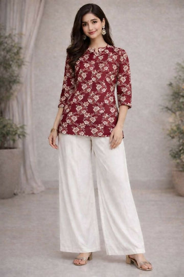 Teeya Creation Womens New Trendy Red Flower Floral Printed Short Kurti with Beige Palazzo Set - Dista
