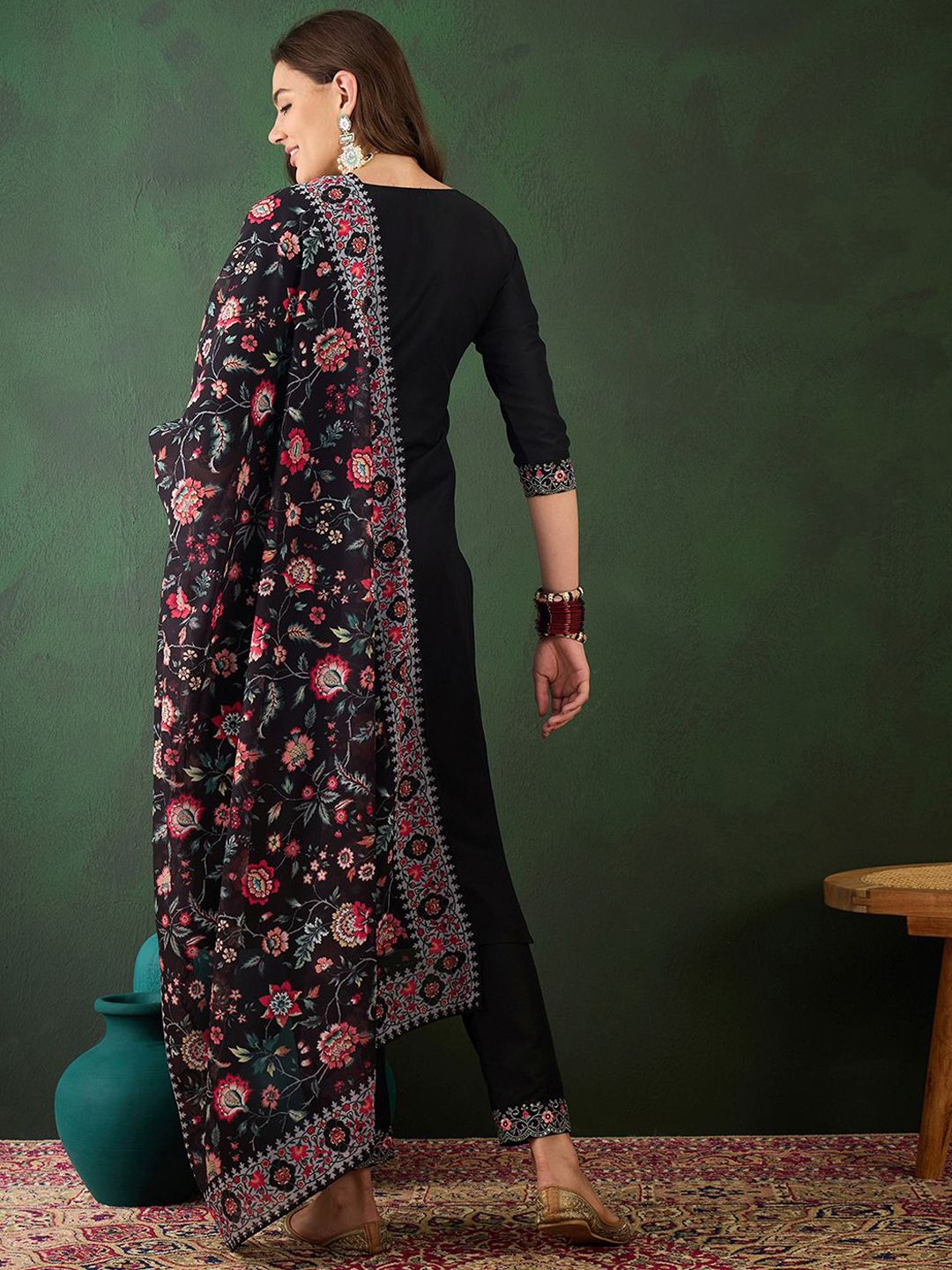 Sangria Floral Embroidered Sequinned Kurta with Trousers & Dupatta - Distacart