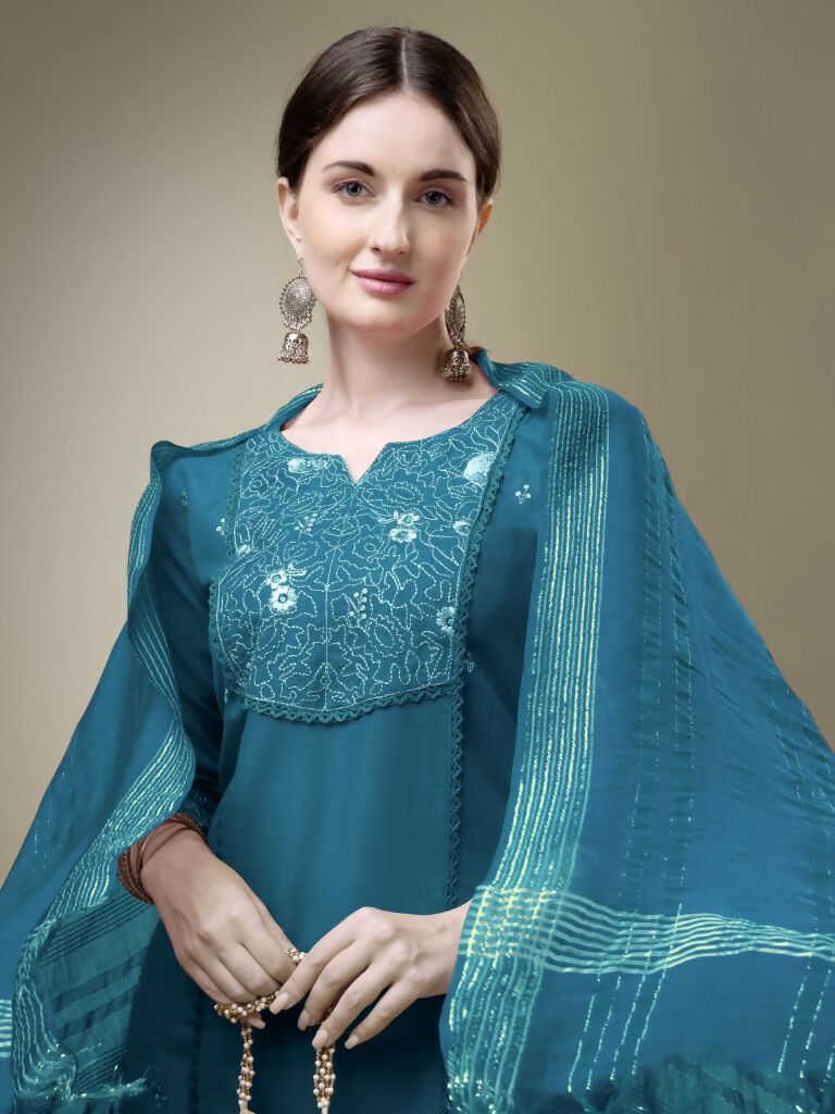 Jyoti Fashion Women's Morpich Cotton Blend Embroidery & Fancy Lace work Kurta with Trouser & Dupatta - Distacart