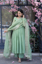 Thumbnail for Jyoti Fashion Women's Pista Tabby Silk Designer Kurta with Trouser & Dupatta - Distacart